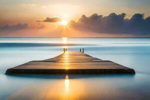 a wooden dock in the ocean at sunset. AI-Generated photo