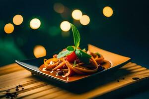 un plato de pasta con tomate salsa y albahaca hojas. generado por ai foto