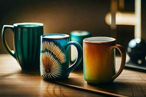 three colorful coffee mugs sitting on a table. AI-Generated photo