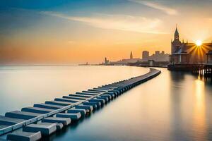 un largo muelle con un ciudad horizonte en el antecedentes. generado por ai foto