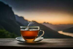 un taza de té en un montaña cima. generado por ai foto