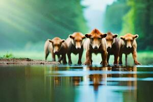 a group of brown bears walking across a river. AI-Generated photo