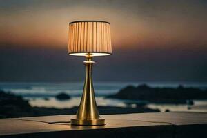a table lamp with a gold base and a white shade. AI-Generated photo
