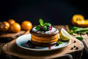 pancakes on a plate with lemon and mint. AI-Generated photo