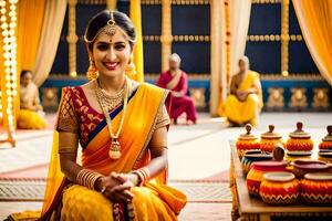a woman in a yellow sari sitting on a table. AI-Generated photo