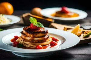 a plate of food with pasta, tomatoes and a slice of lemon. AI-Generated photo