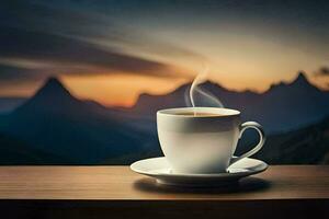 café taza en el mesa, montañas, amanecer, amanecer, amanecer, amanecer, amanecer,. generado por ai foto