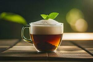 the coffee is served in a glass cup with a mint leaf on top. AI-Generated photo
