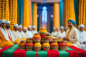 a group of men in turbans sitting on a table with colorful pots. AI-Generated photo