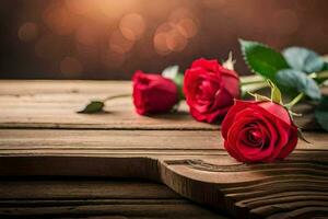 rojo rosas en un de madera mesa con un bokeh antecedentes. generado por ai foto