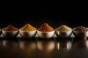 a row of bowls with different spices. AI-Generated photo