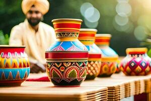 indian man in turban sitting in front of colorful vases. AI-Generated photo