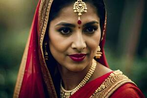 a beautiful indian woman in red sari. AI-Generated photo