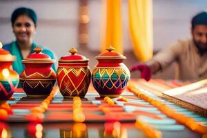 a couple is sitting at a table with colorful pots. AI-Generated photo