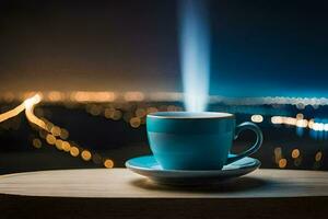 a cup of coffee on a table with a city view. AI-Generated photo