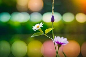 un flor colgando desde un collar en frente de un verde antecedentes. generado por ai foto