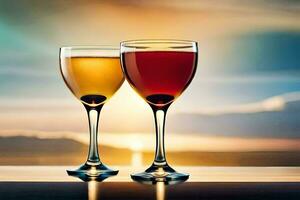 two glasses of wine on a table with sunset in the background. AI-Generated photo