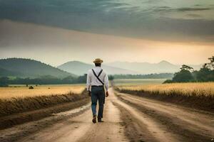 a man walking down a dirt road in the middle of a field. AI-Generated photo