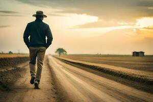 a man in a hat walks down a dirt road. AI-Generated photo