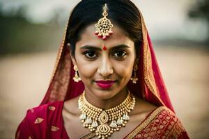 a beautiful indian woman wearing a red sari and jewelry. AI-Generated photo