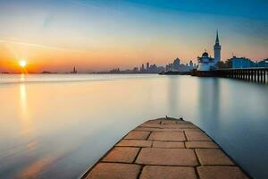 a pier in the water with a city skyline in the background. AI-Generated photo