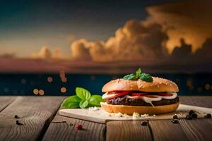 a hamburger with cheese and tomatoes on a wooden table. AI-Generated photo