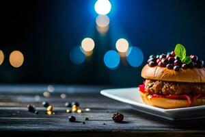 a hamburger with berries and a candle on a plate. AI-Generated photo