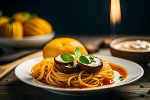 spaghetti with mushrooms and orange slices on a plate. AI-Generated photo