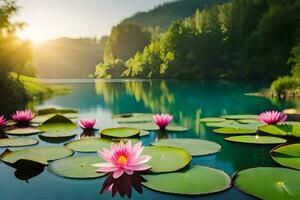 rosado loto flores en el agua con verde hojas. generado por ai foto