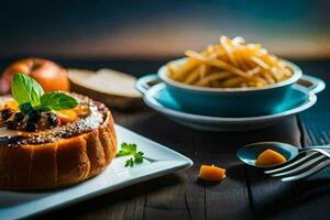 un plato con un calabaza tarta y francés papas fritas generado por ai foto