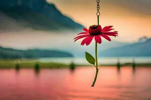 a red flower hanging from a hook in front of a lake. AI-Generated photo