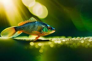a fish is standing on the grass with sunlight shining. AI-Generated photo