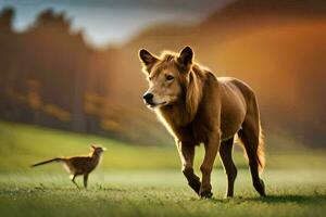 a lion and a kangaroo walk in a field. AI-Generated photo