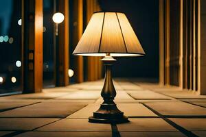 a lamp on a table in front of a building. AI-Generated photo