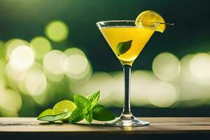 cocktail with lemon and mint on a wooden table. AI-Generated photo