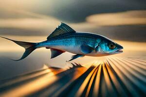 a fish is flying over the water at sunset. AI-Generated photo