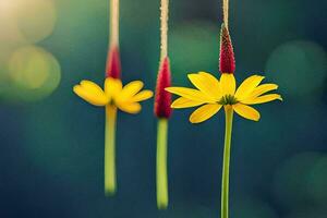 three yellow flowers hanging from strings. AI-Generated photo