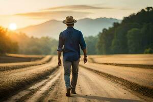 hombre caminando en suciedad la carretera a puesta de sol. generado por ai foto