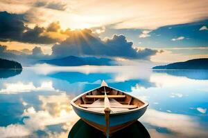 el barco es flotante en el calma lago. generado por ai foto