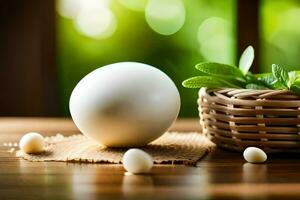 a basket with eggs and a leaf. AI-Generated photo