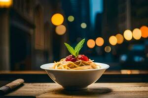 pasta with cherry and mint on a wooden table. AI-Generated photo