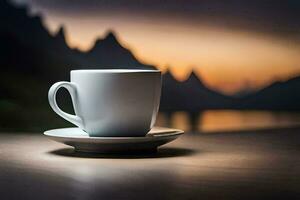 coffee cup on a table with mountains in the background. AI-Generated photo