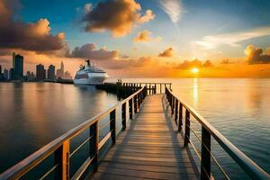 el crucero Embarcacion atracado a el muelle a puesta de sol. generado por ai foto