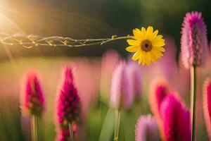 a yellow flower is in the middle of a field. AI-Generated photo