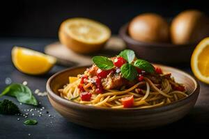 spaghetti with chicken and tomatoes in a wooden bowl. AI-Generated photo