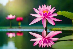 rosado loto flor en agua con verde hojas. generado por ai foto