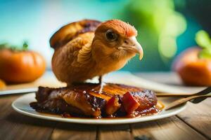 a chicken is sitting on top of a plate of food. AI-Generated photo