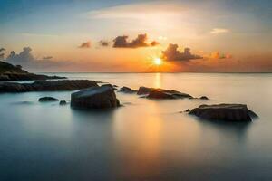 the sun rises over the ocean in this long exposure photograph. AI-Generated photo