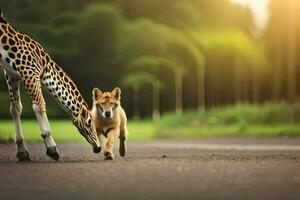 a giraffe and a dog walking on a road. AI-Generated photo