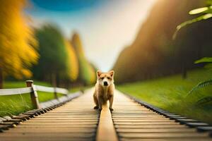 a dog walking on a wooden track in the middle of a field. AI-Generated photo